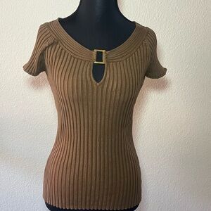 INC International Concepts Brown Ribbed Cut Out Blouse